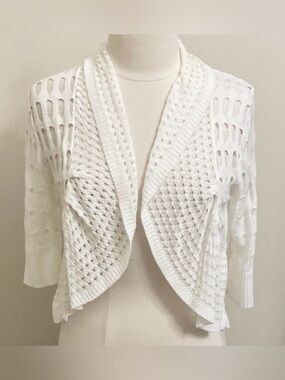 Yarn Art White M Whimsical Coastal Cottagecore Crochet Open-knit Crop Cardigan